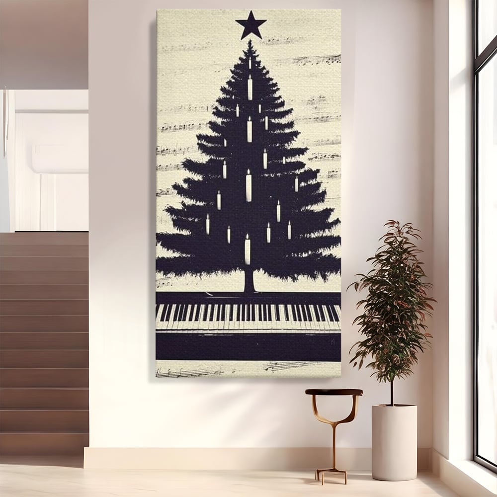 Tablou canvas cu tablou canvas cu brad din clape de pian, fara rama, pe sasiu de lemn